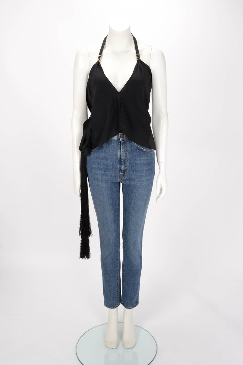 Gucci Black Silk Halter Neck Tassel Top IT 38