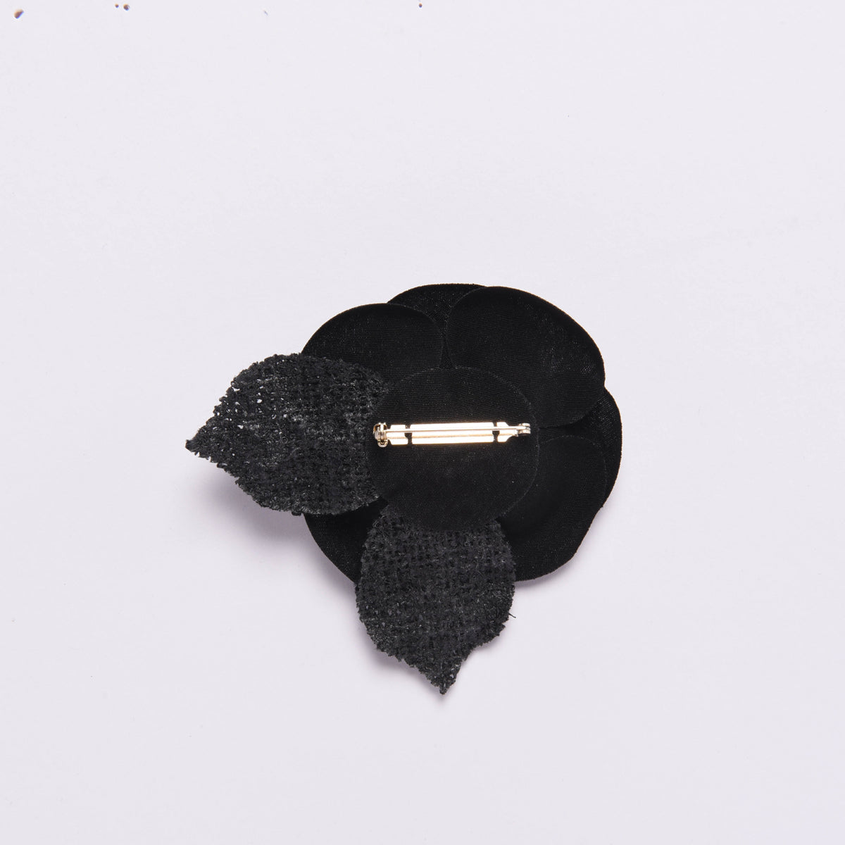 Chanel Black Satin & Tweed Camellia Brooch