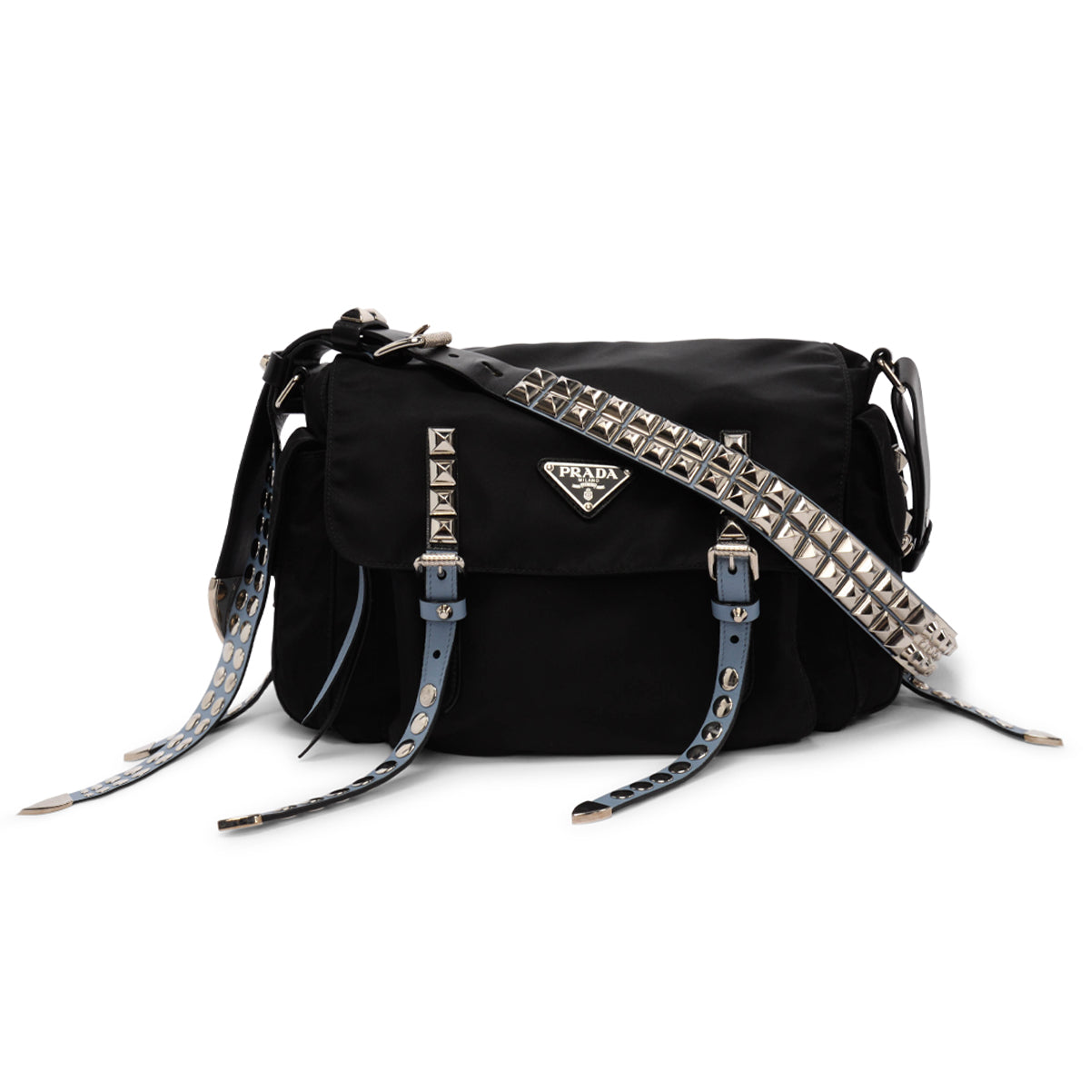 Prada Black Nylon New Vela Studded Messenger Bag