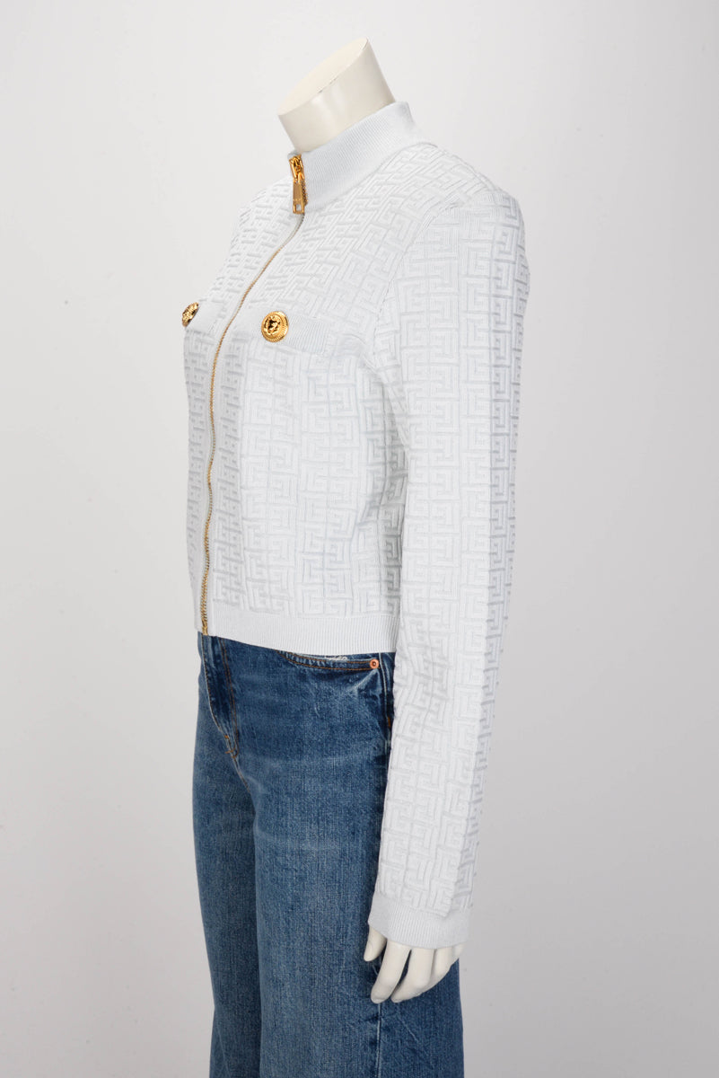 Balmain Light Blue Jacquard Knit Monogram Zip Jacket FR 46