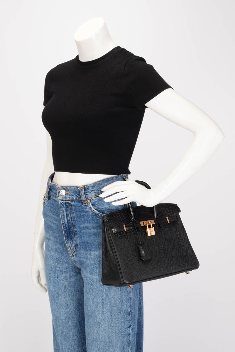 Hermes Black Togo & Alligator Mississippiensis Touch Birkin 25 RGHW