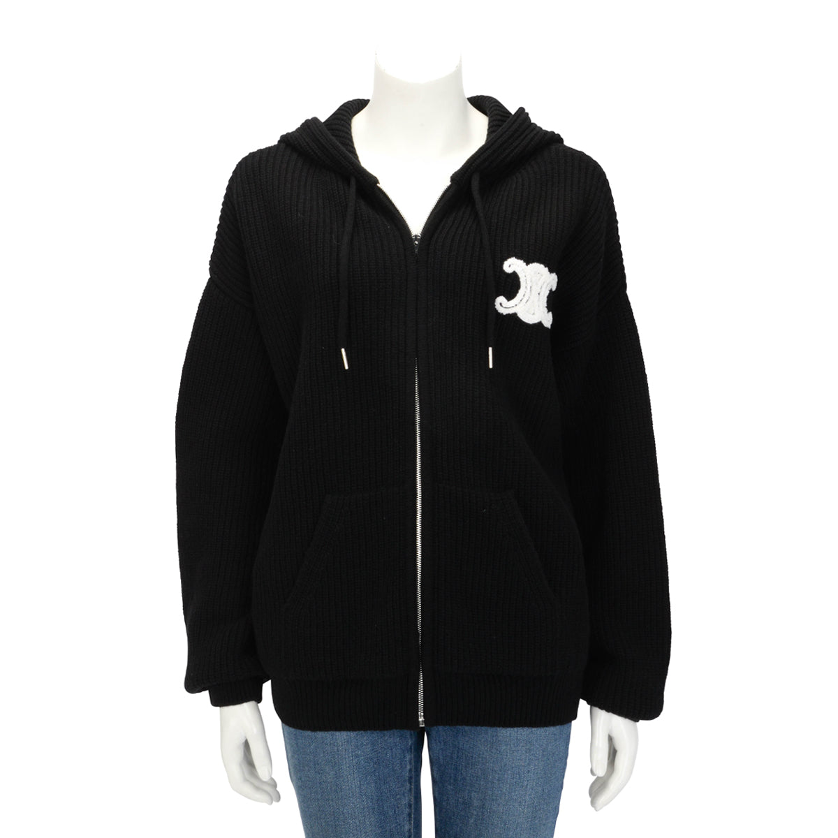 Celine Black Ribbed Wool Hooded Zip Jacket