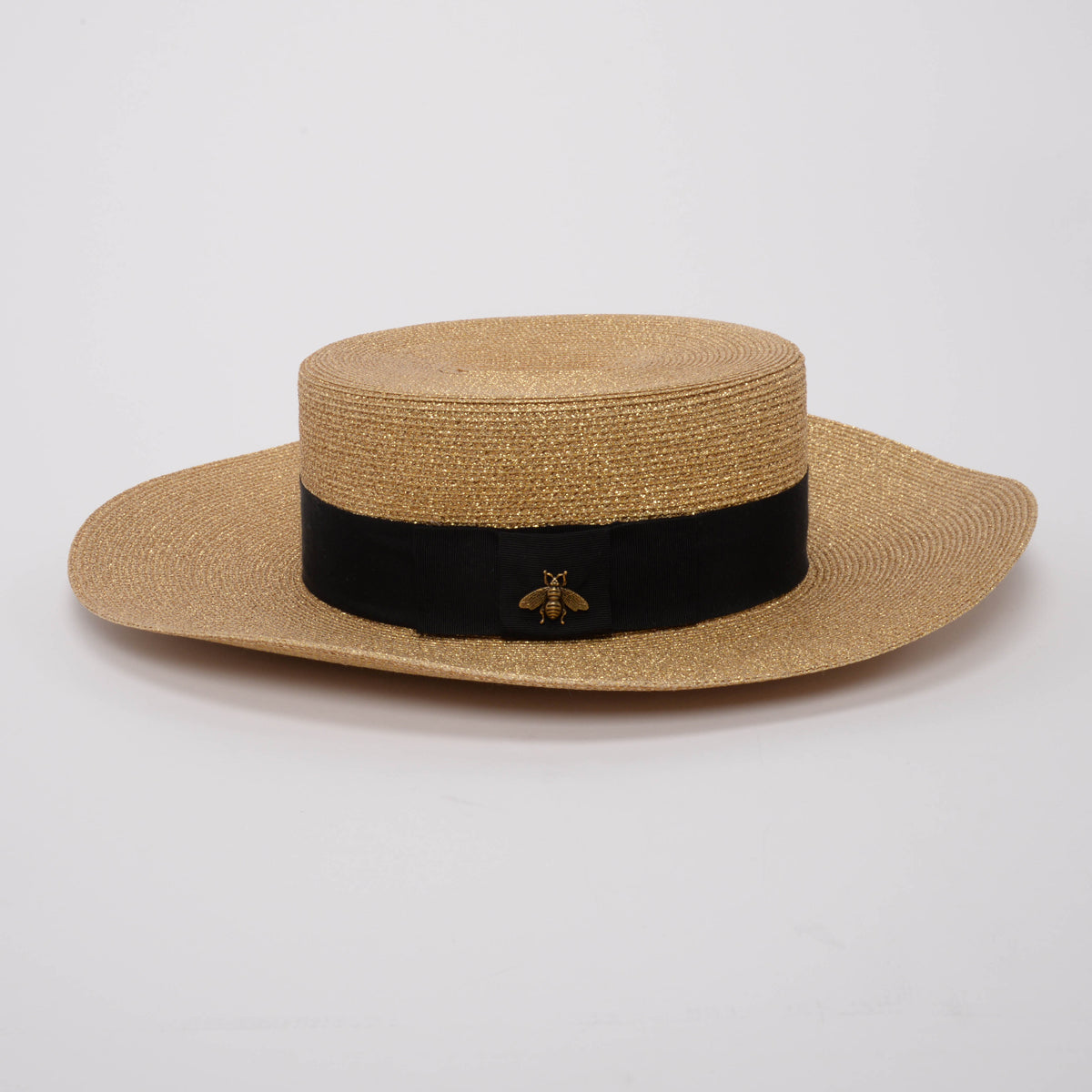 Gucci Gold Straw Bee Embellished Boater Hat