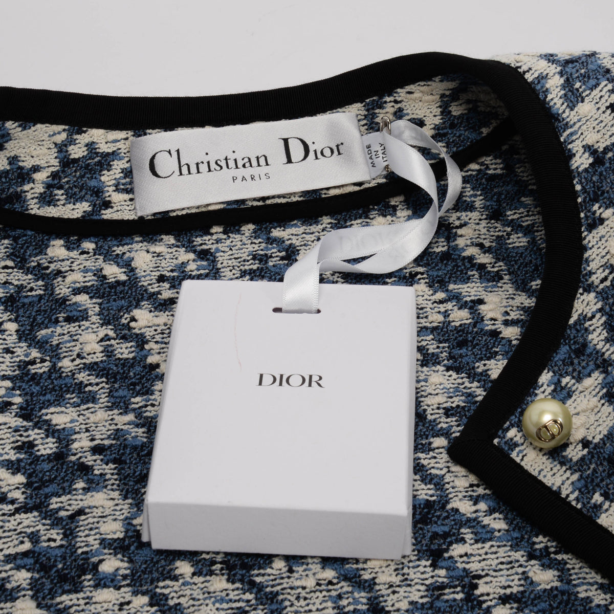 Dior Blue & White Houndstooth Tweed Cropped Jacket FR 38