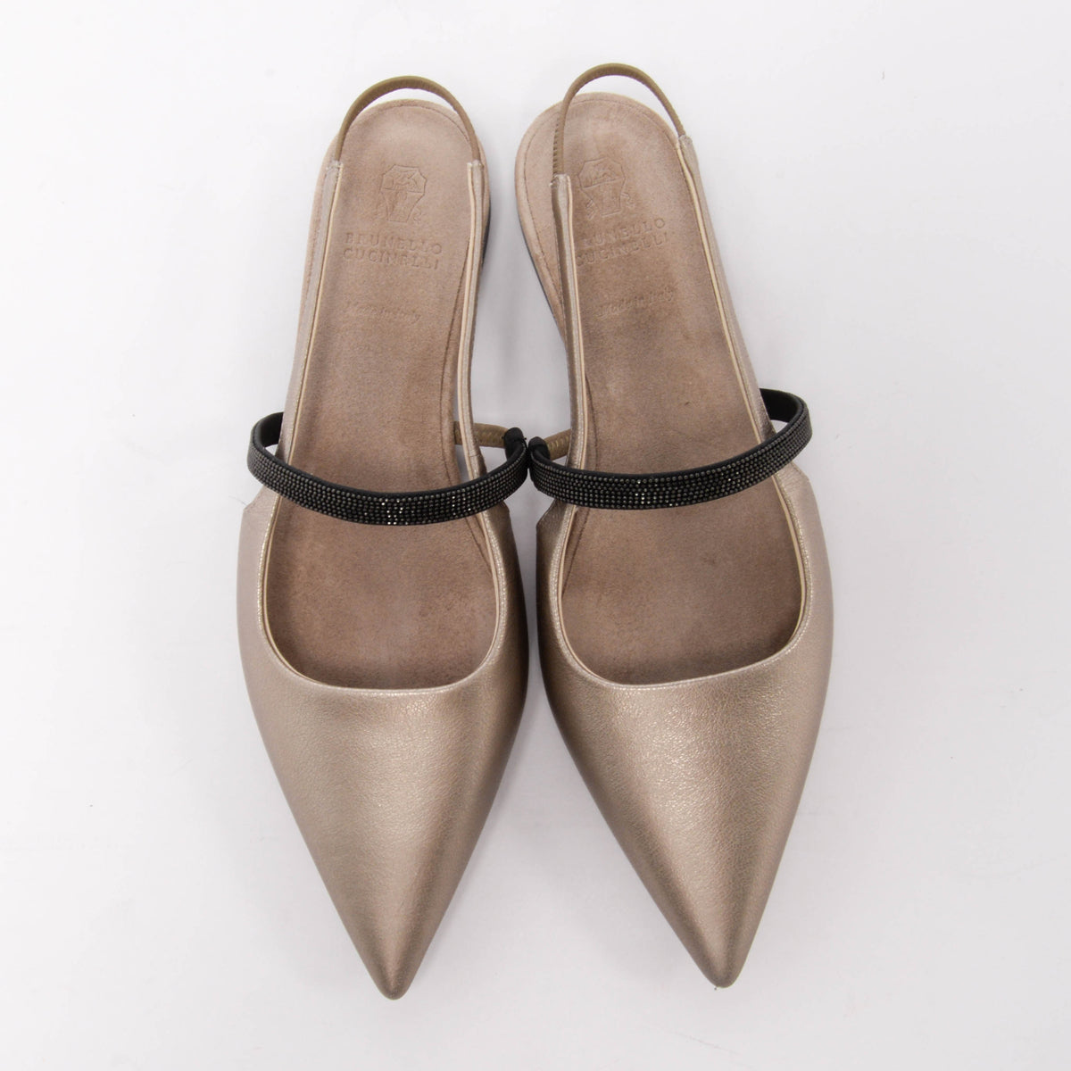 Brunello Cucinelli Pewter Leather Beaded Slingback Flats 37