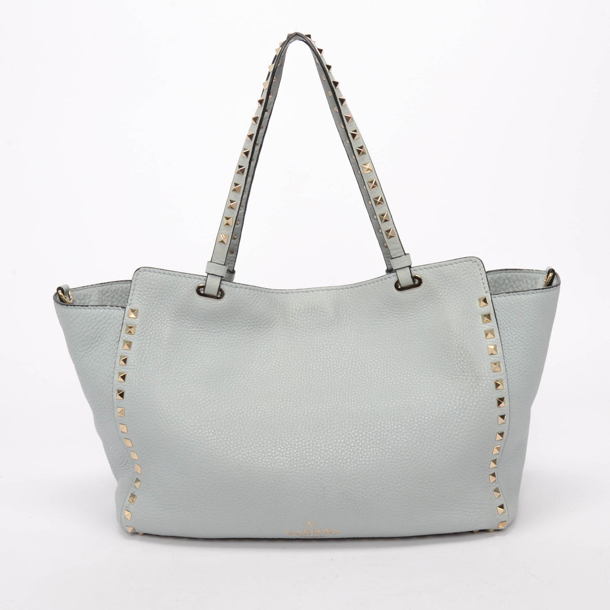Valentino Pale Blue Grained Calfskin Medium Rockstud Trapeze Tote