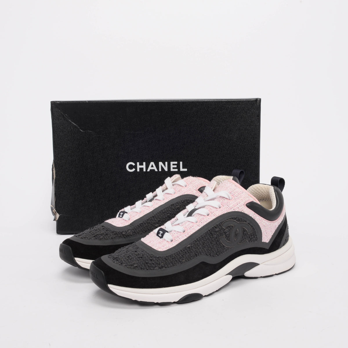 Chanel Grey & Pink Tweed CC Sneakers 42