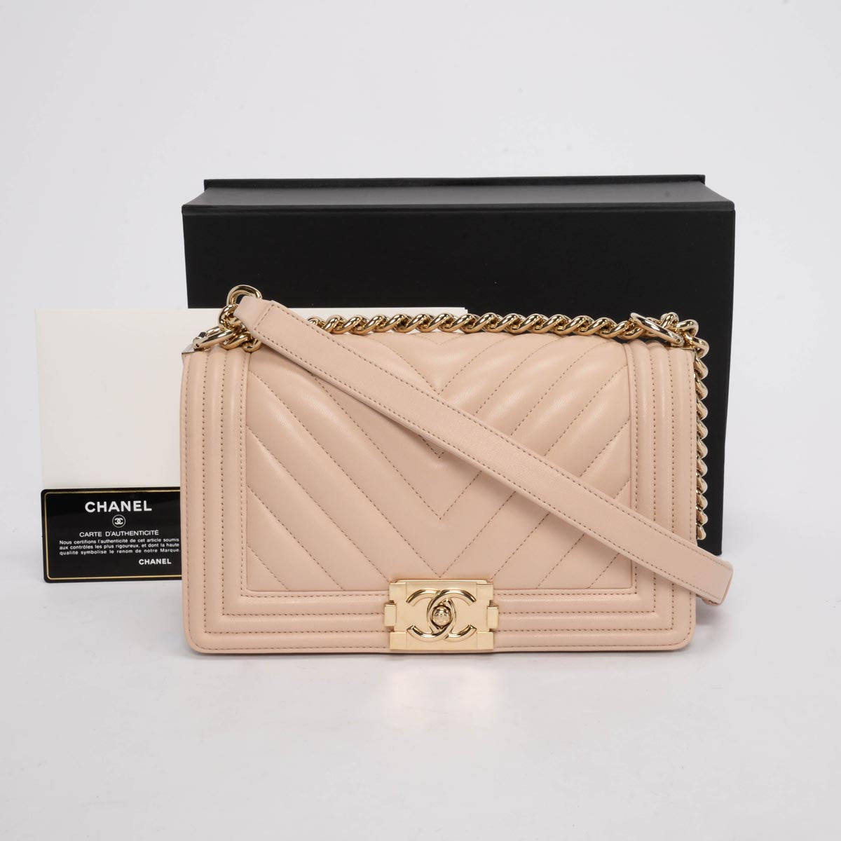 Chanel Beige Chevron Lambskin Old Medium Boy Bag