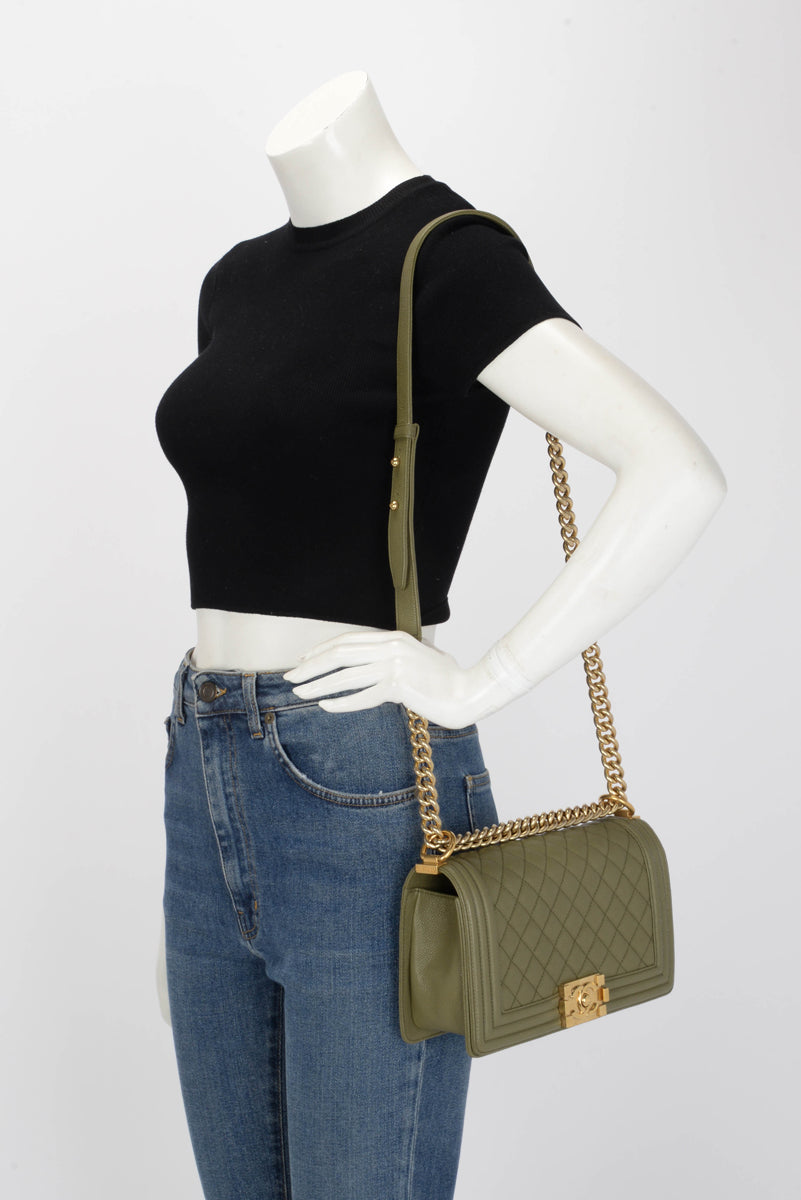 Chanel Khaki Green Quilted Caviar Old Medium Boy Bag