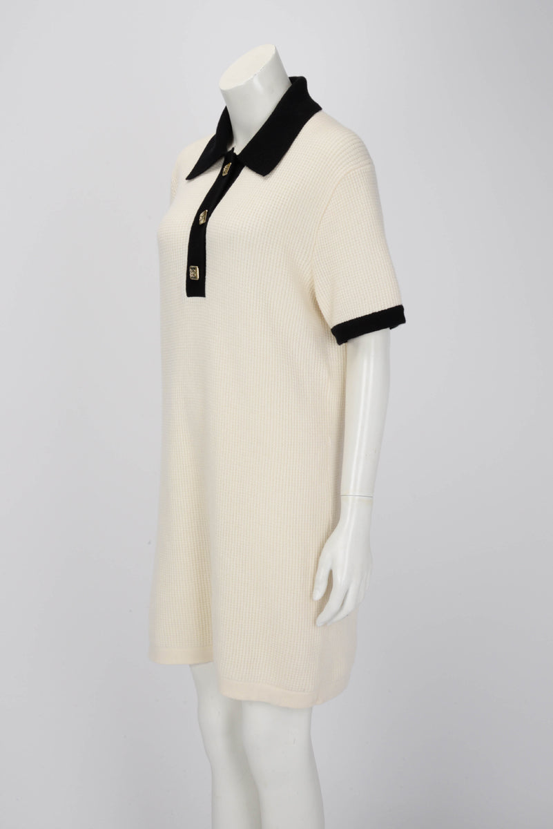 Chanel Cream & Black Waffle Knit Polo Mini Dress FR 40