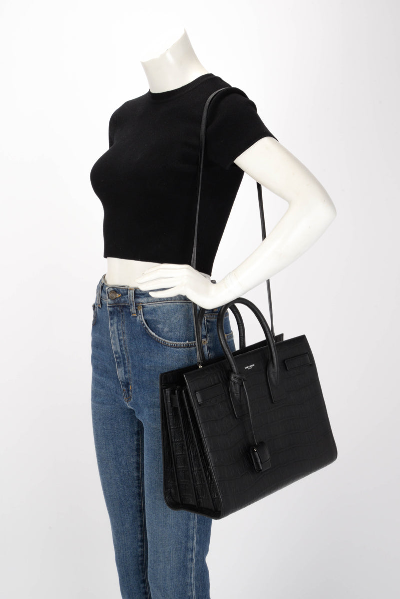 Saint Laurent Black Croc Embossed Small Sac de Jour Tote