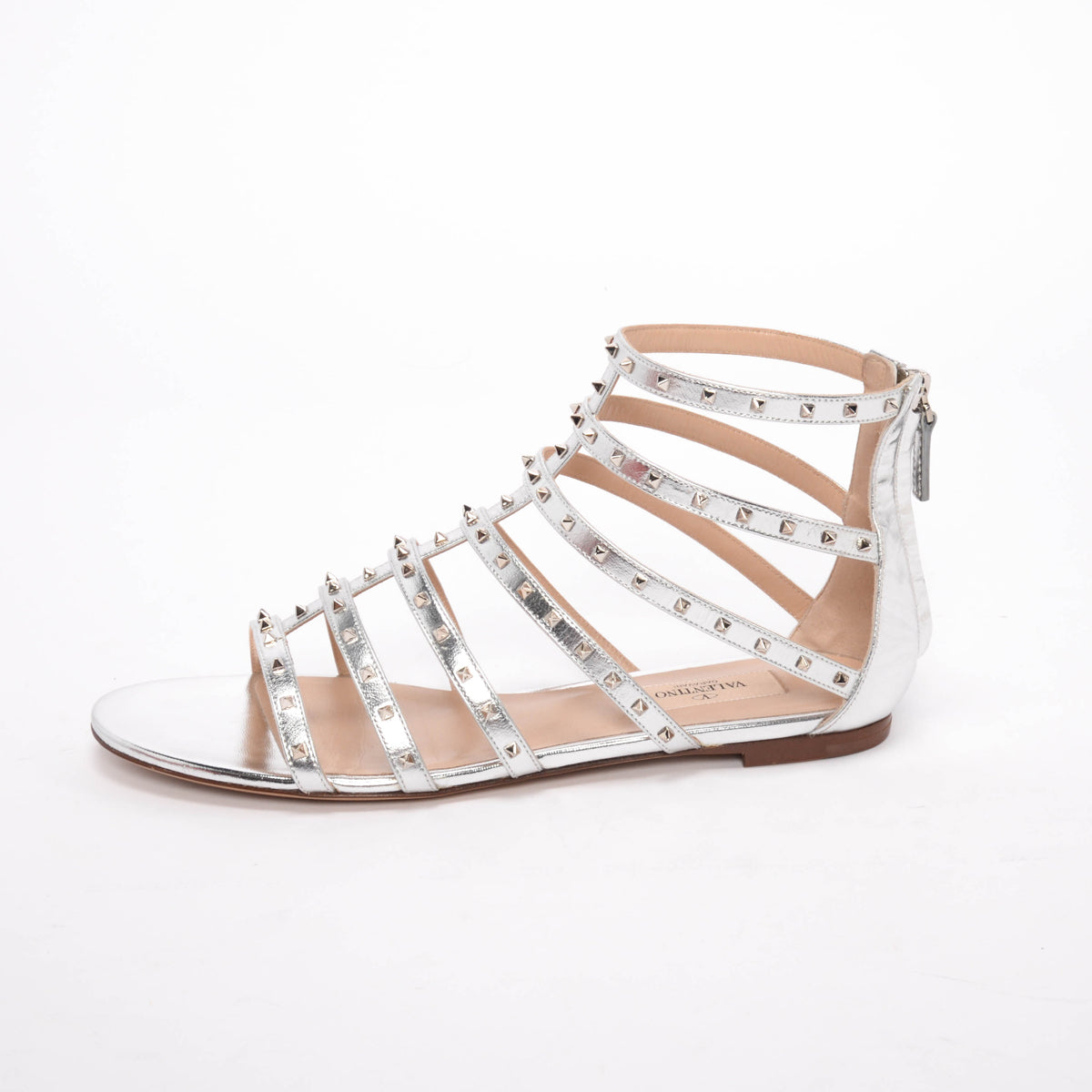 Valentino Silver Metallic Calfskin Lovestud Gladiator Sandals 38