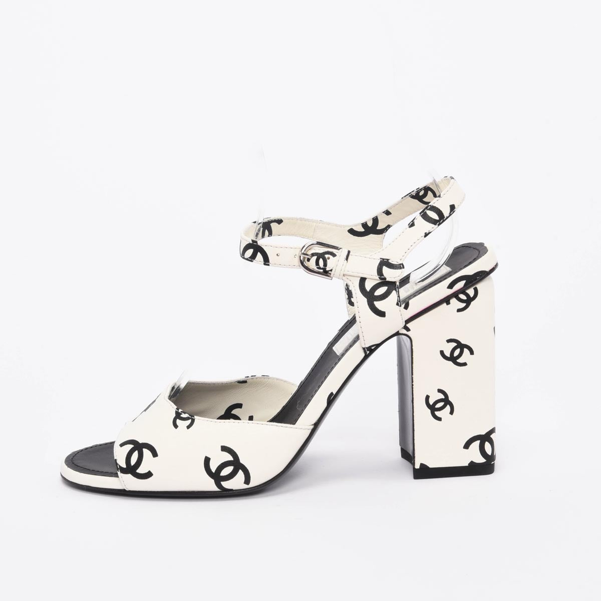 Chanel White & Black Lambskin CC Printed Sandals 38.5
