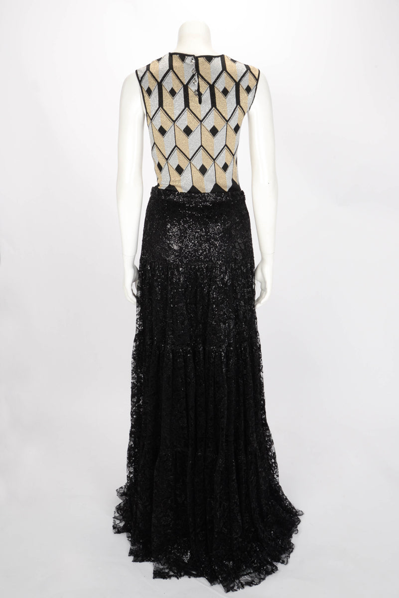 Ralph Lauren Black Sequin & Tiered Lace Sutton Maxi Skirt US 6