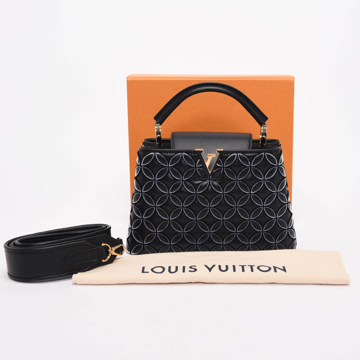 Louis Vuitton Black Lambskin Flocked Flower Capucines BB