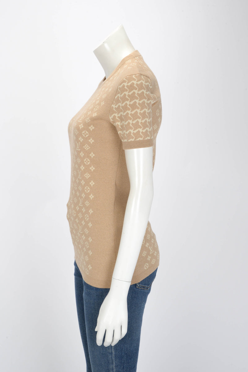 Louis Vuitton Beige Wool Knit Monogram Honeycomb Top S