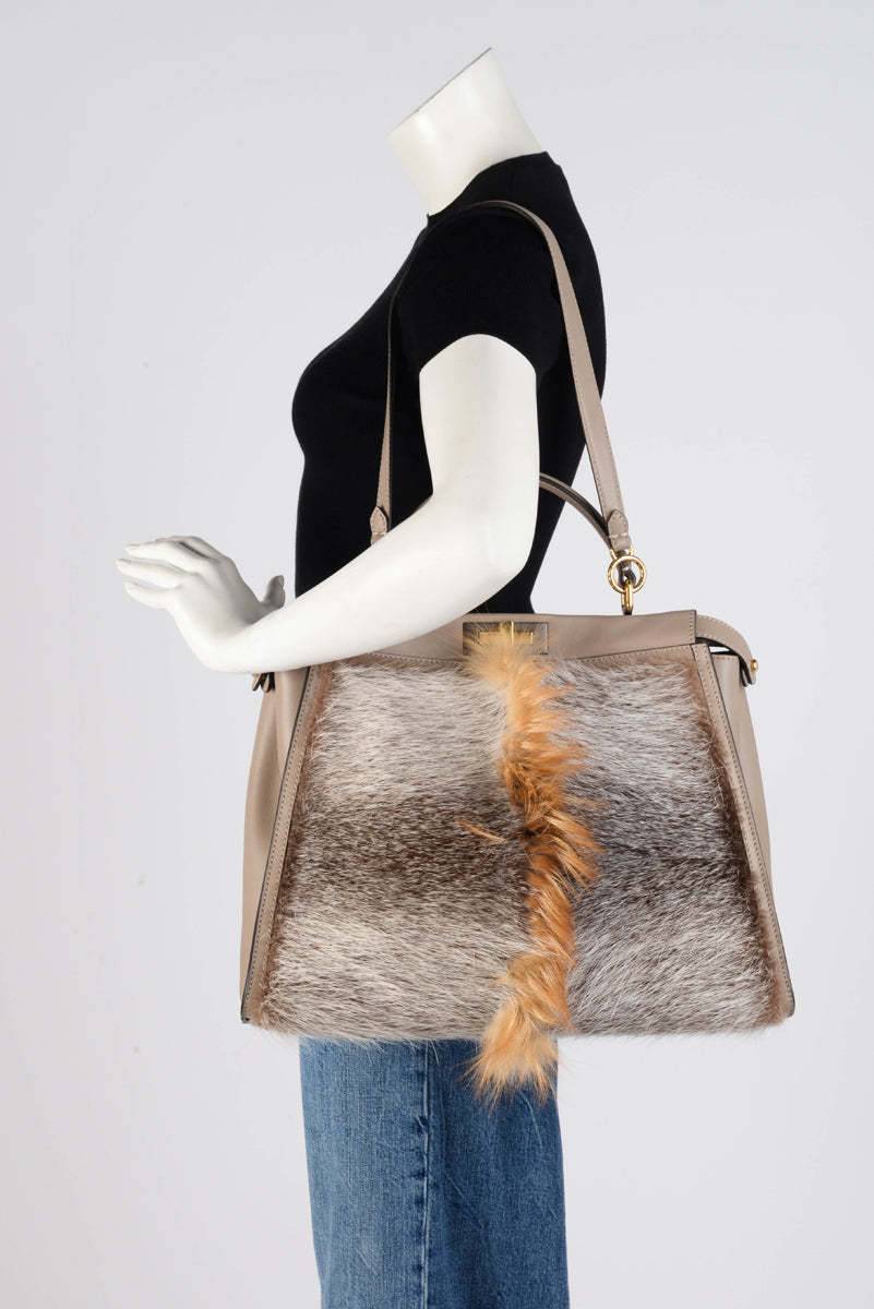Fendi Taupe Leather & Fox Fur Large Peekaboo Tote