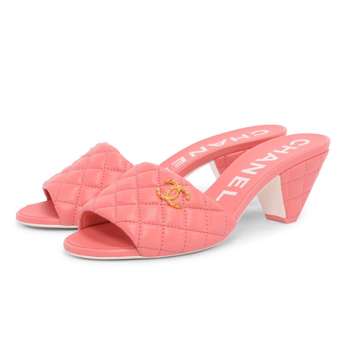 Chanel Coral Quilted Lambskin Textured CC Mules 40