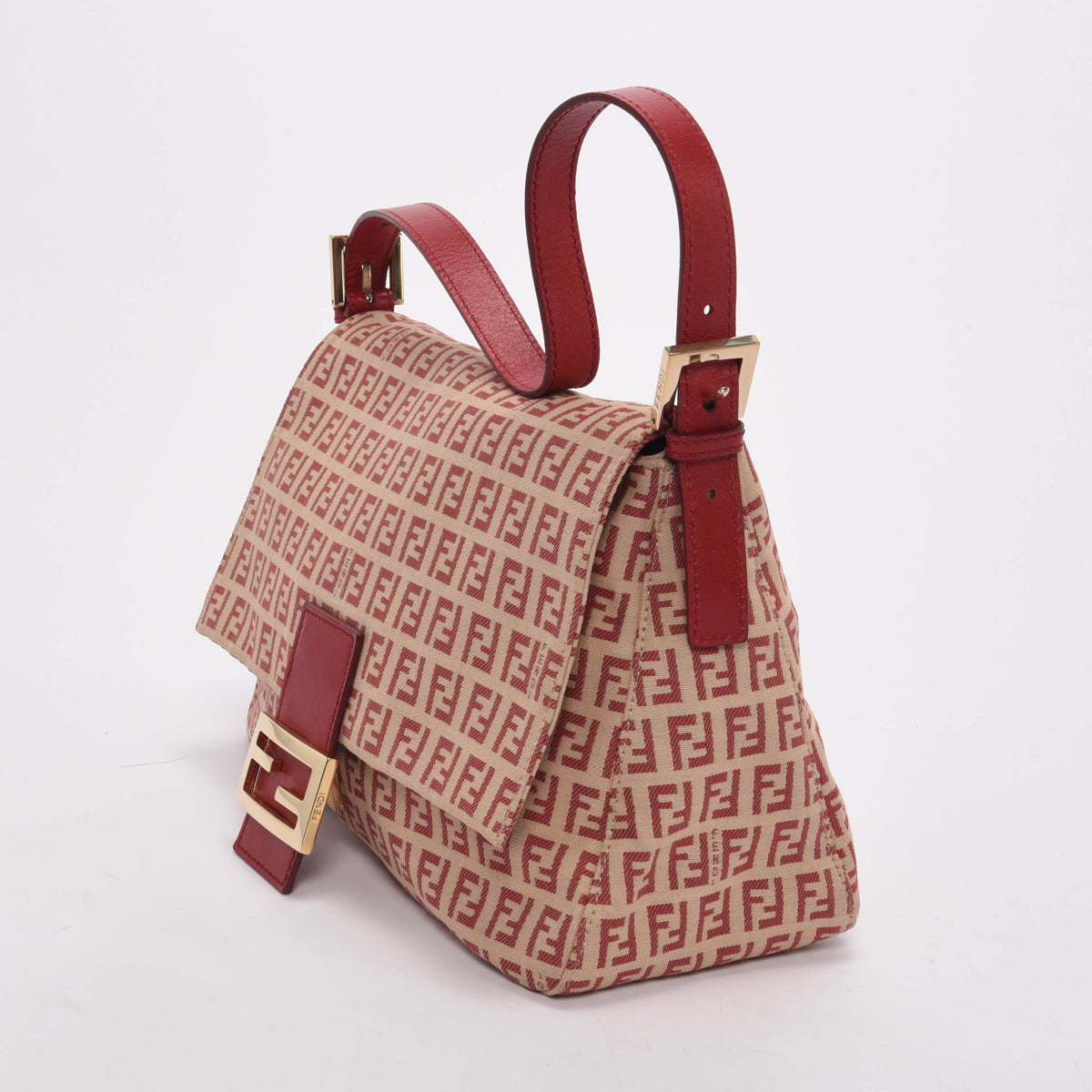 Fendi Beige & Red Zucchino Canvas Mamma Baguette Bag