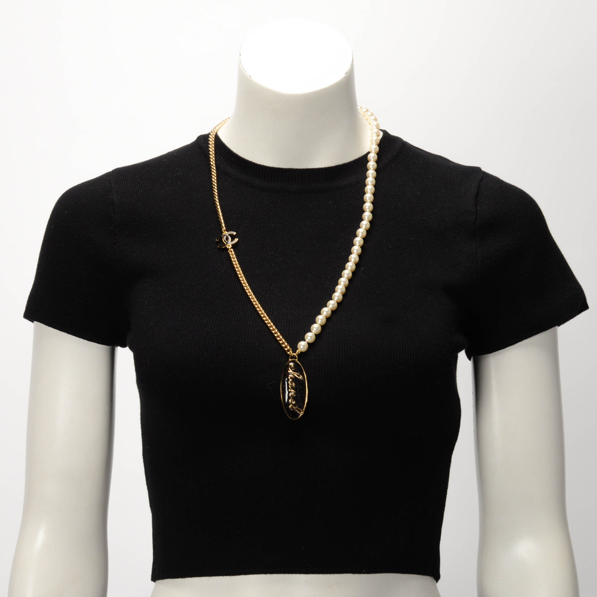 Chanel Gold & Black Pearl Logo Pendant Necklace
