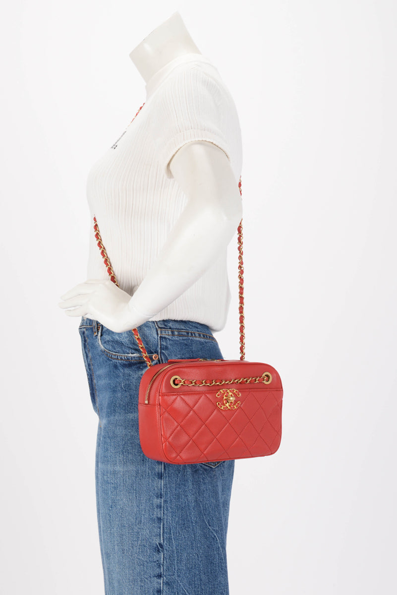 Chanel Red Quilted Lambskin Chain Infinity Camera Case