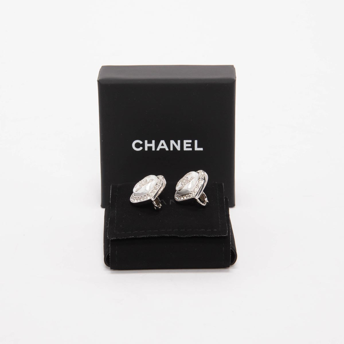 Chanel Silver Crystal & Pearl CC Heart Clip-On Earrings