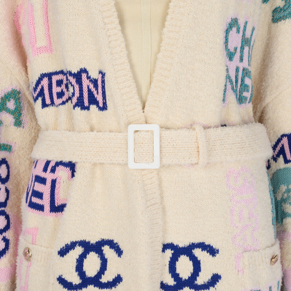 Chanel Multi Colour Cotton Logo Belted Cardigan FR 42