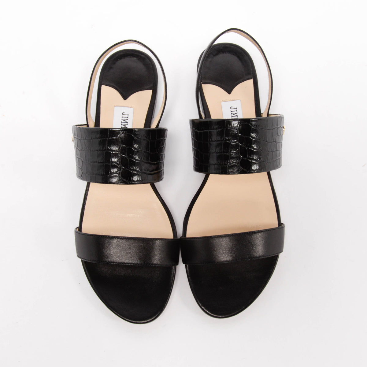 Jimmy Choo Black Nappa & Croc Embossed Seia Flat Sandals 38