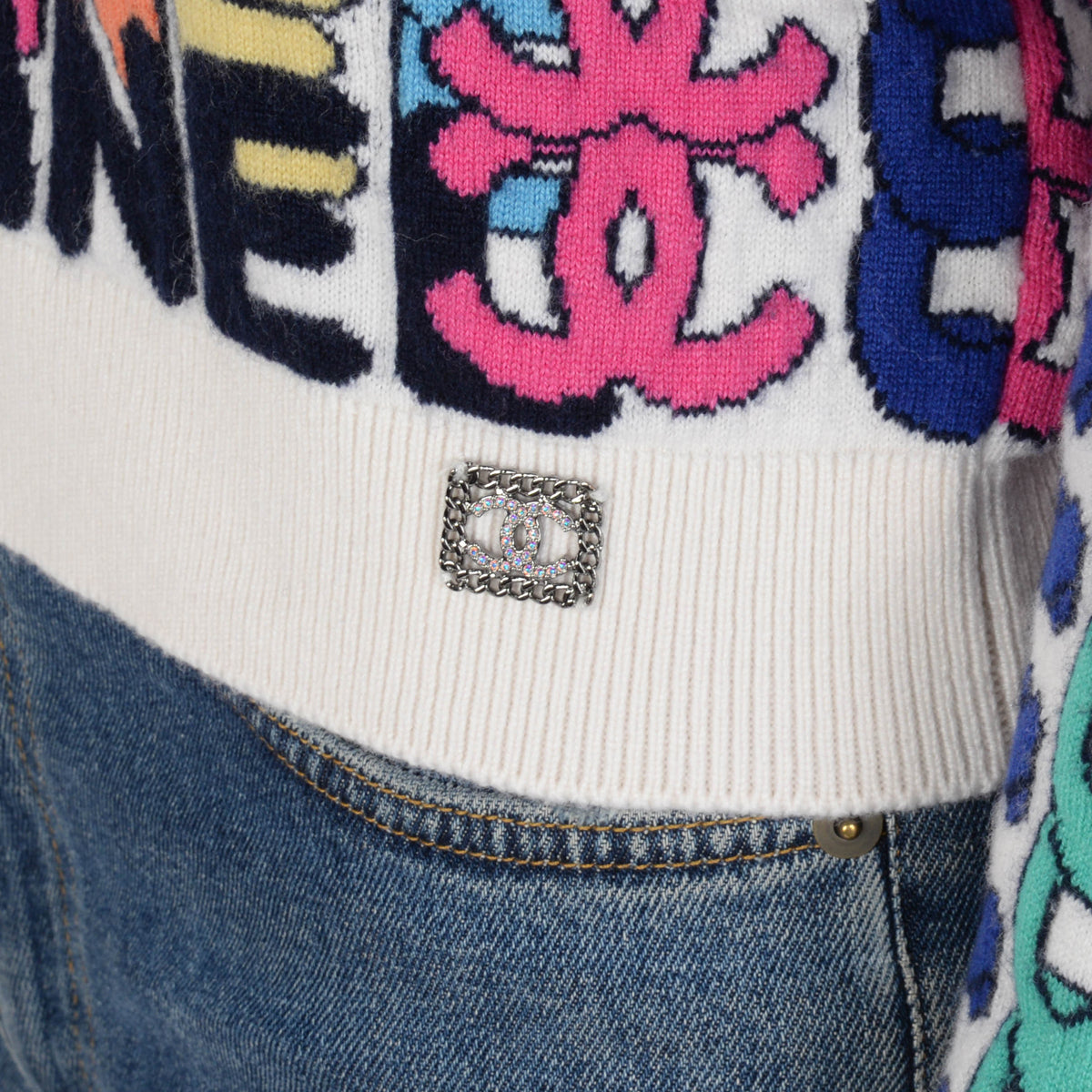 Chanel Multi-Colour Cashmere Logo Intarsia Knit Sweater FR 40