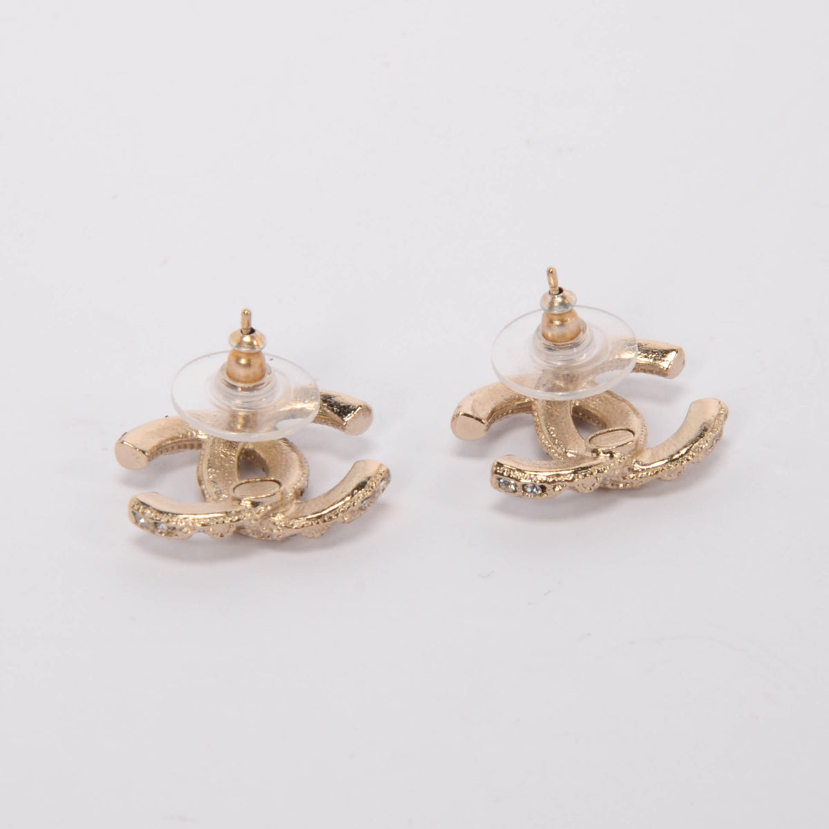 Chanel Light Gold Crystal CC Stud Earrings