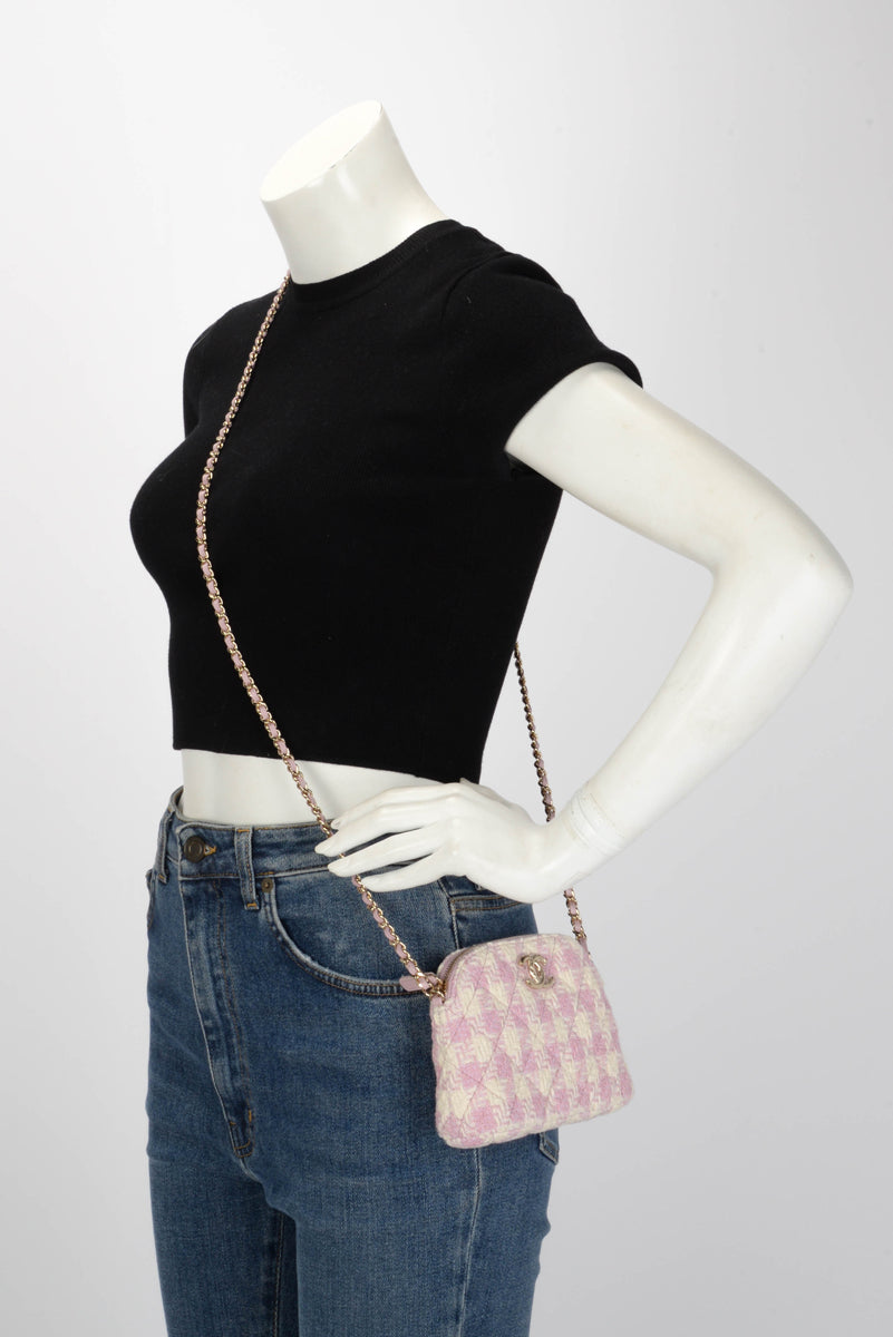 Chanel Pink & White Check Tweed Clutch With Chain