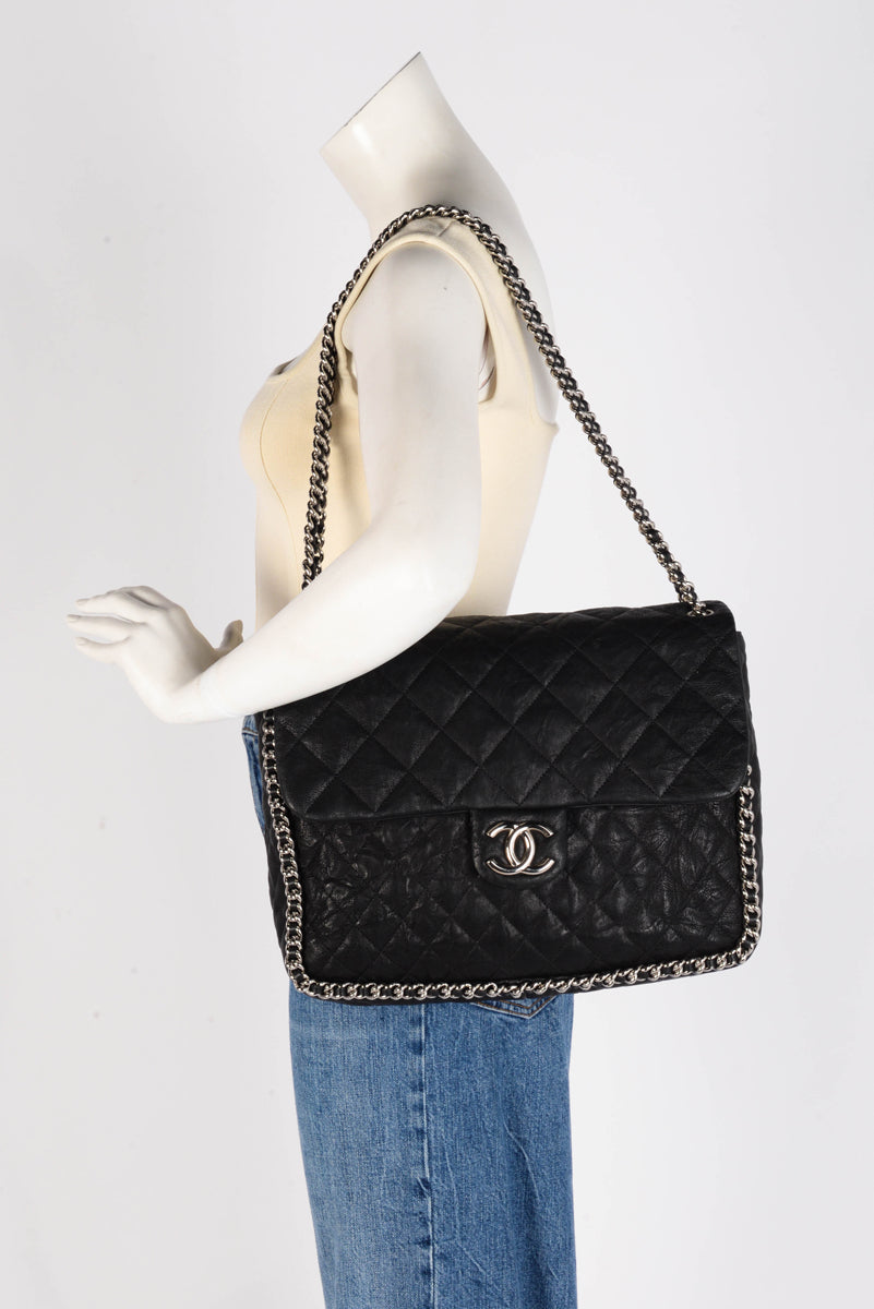 Chanel Black Washed Lambskin Maxi Chain Around Flap Bag