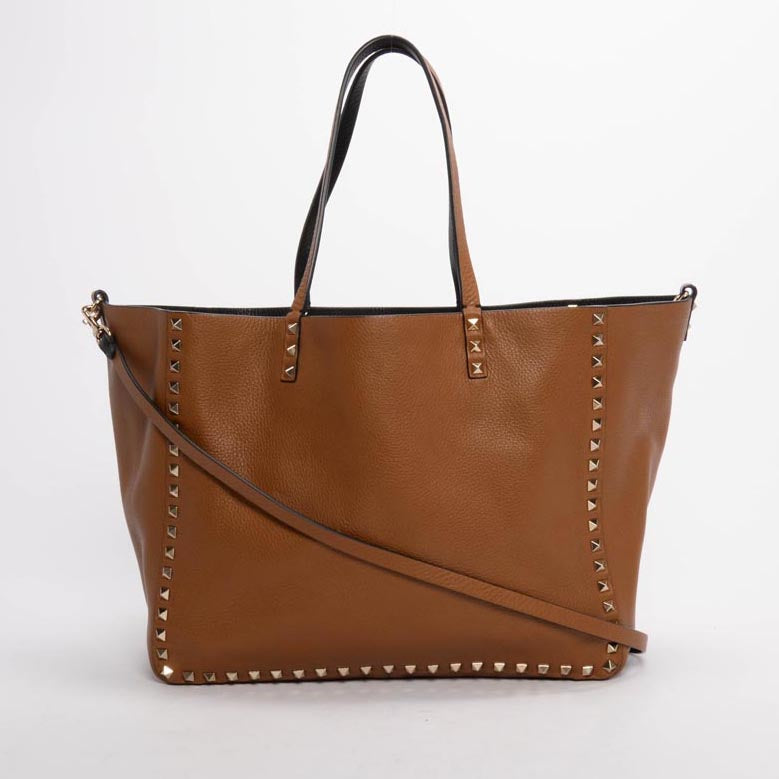 Valentino Black & Tan Grained Calfskin Reversible Rockstud Tote