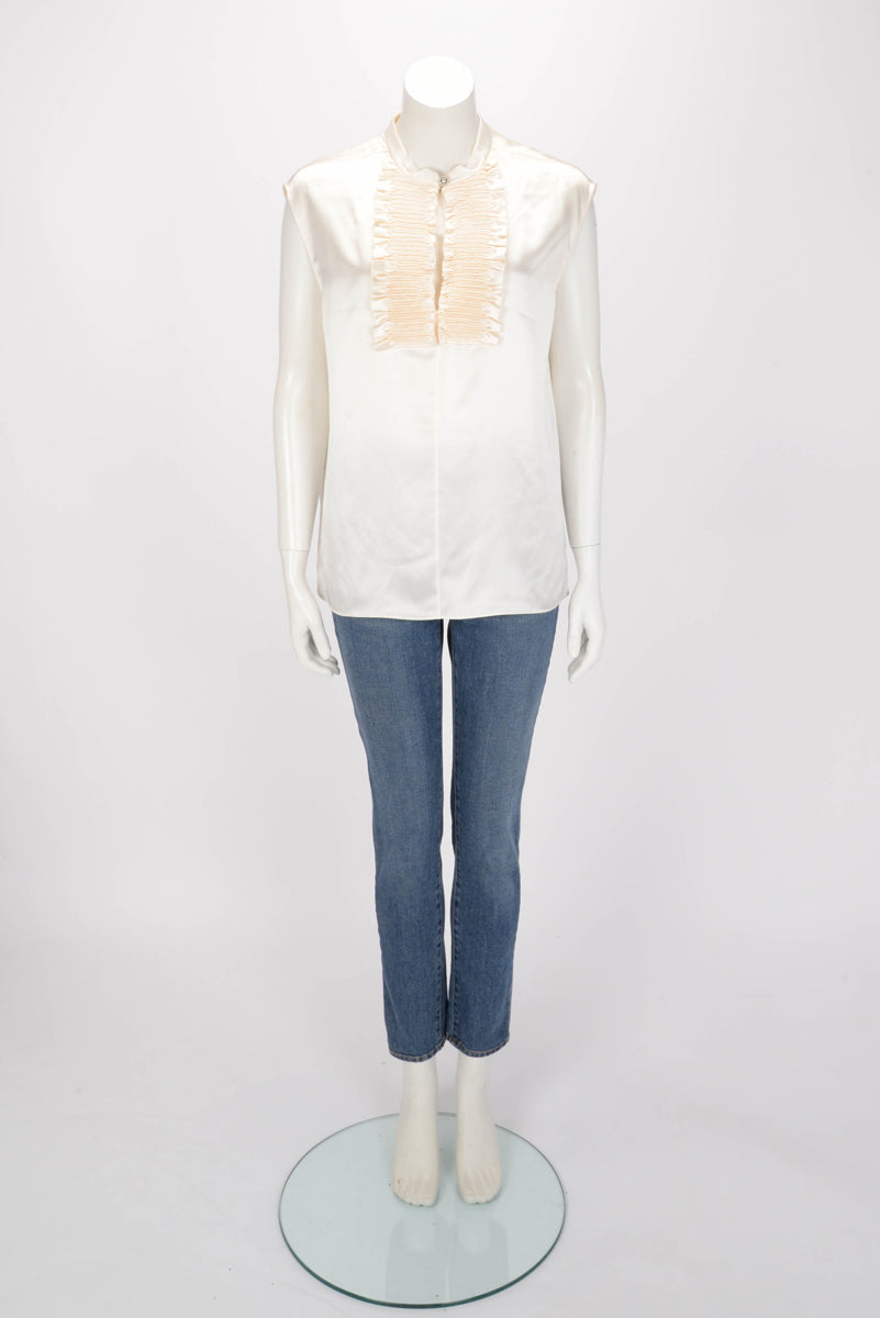 Chanel Ecru Silk Ruffled Sleeveless Top FR 40