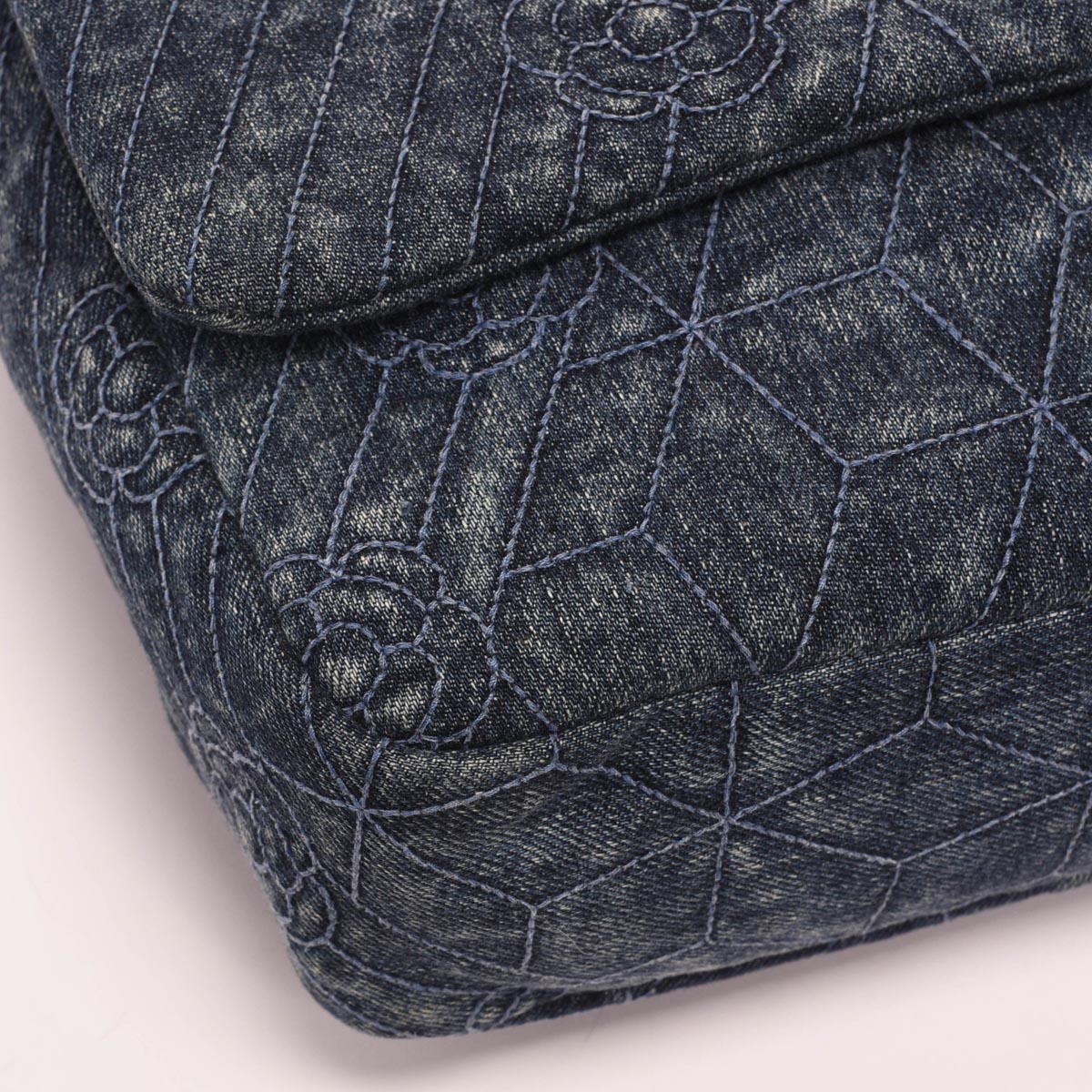 Chanel Dark Blue Denim Camellia Embroidered Large Flap Bag