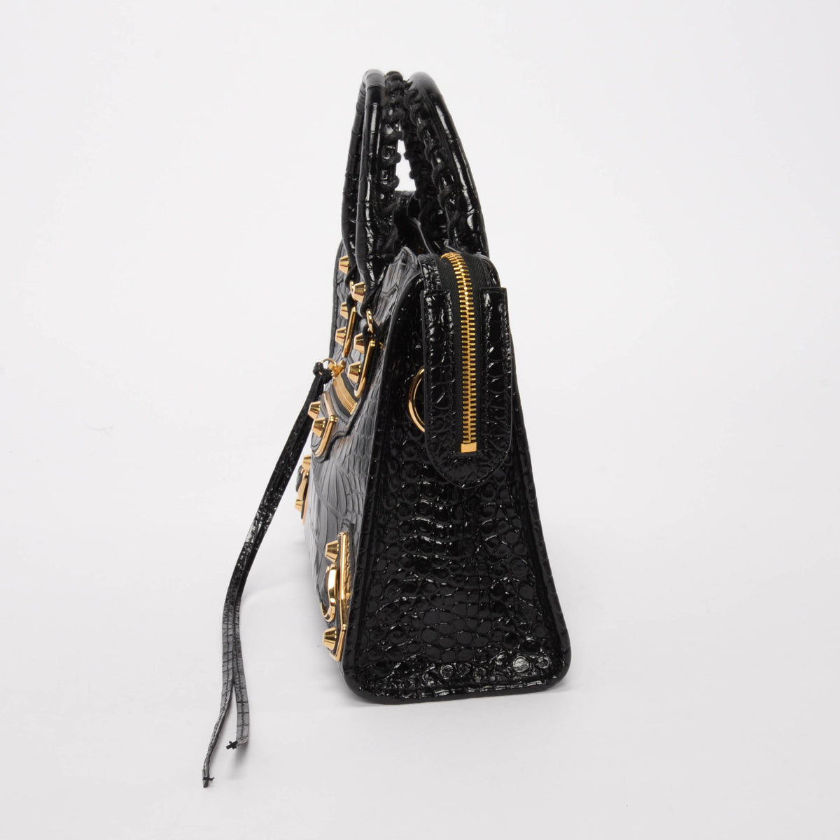 Balenciaga Black Croc Embossed Metallic Edge Small City Bag