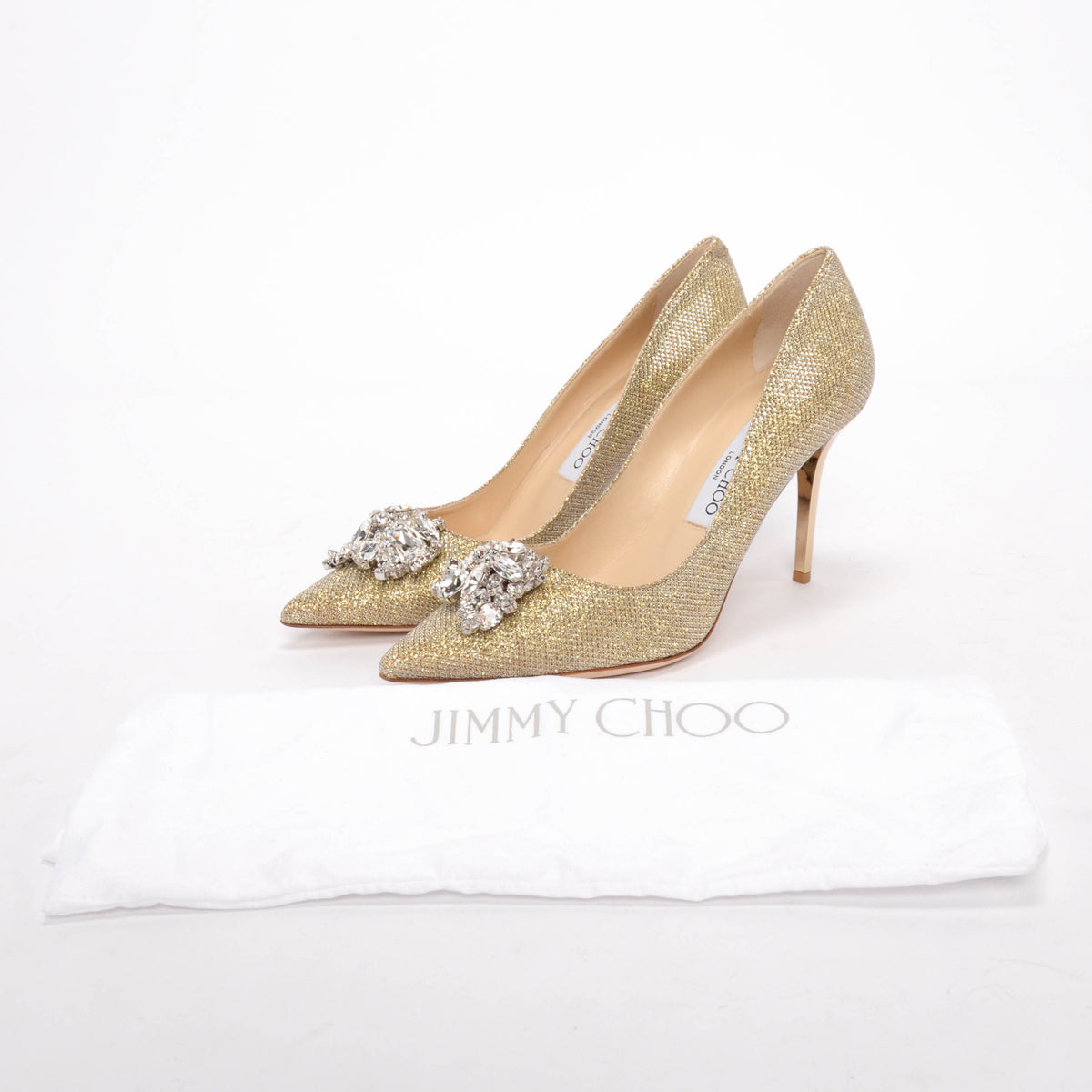 Jimmy Choo Gold Lurex Crystal Mamey Pumps 37