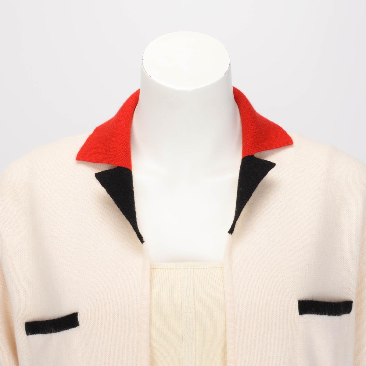 Chanel Ecru & Red Cashmere Open Cardigan FR 46