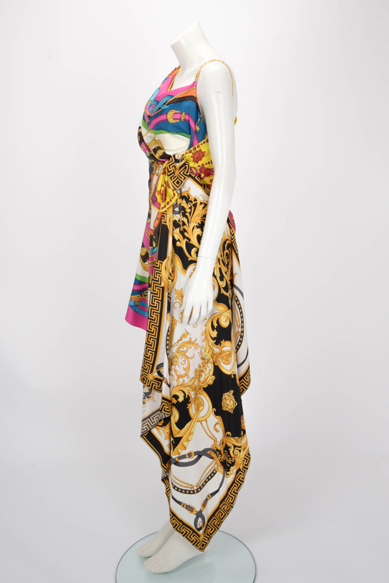 Versace Multi Colour Silk Scarf Greca Chain Dress IT 36