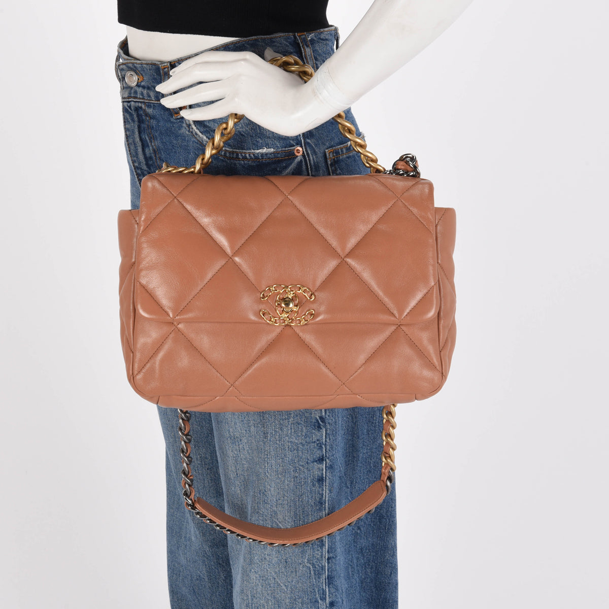 Chanel Tan Quilted Goatskin Large Chanel 19 Flap Bag