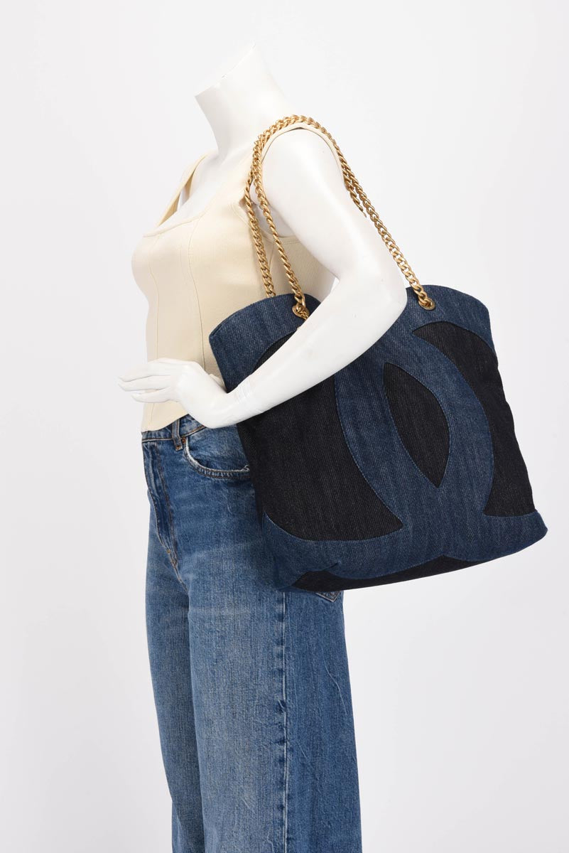 Chanel Two Tone Denim Large CC Shopping Tote