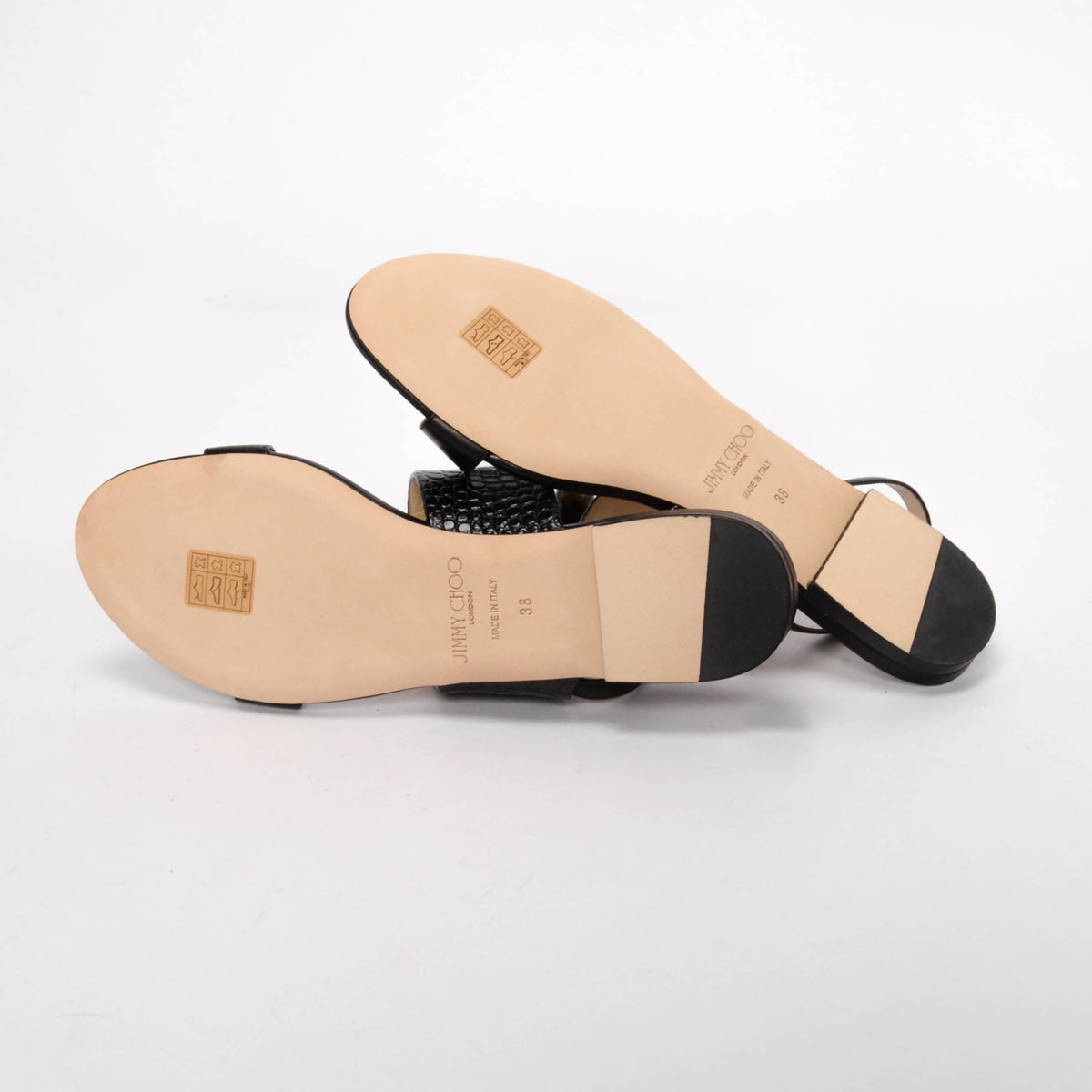 Jimmy Choo Black Nappa & Croc Embossed Seia Flat Sandals 38