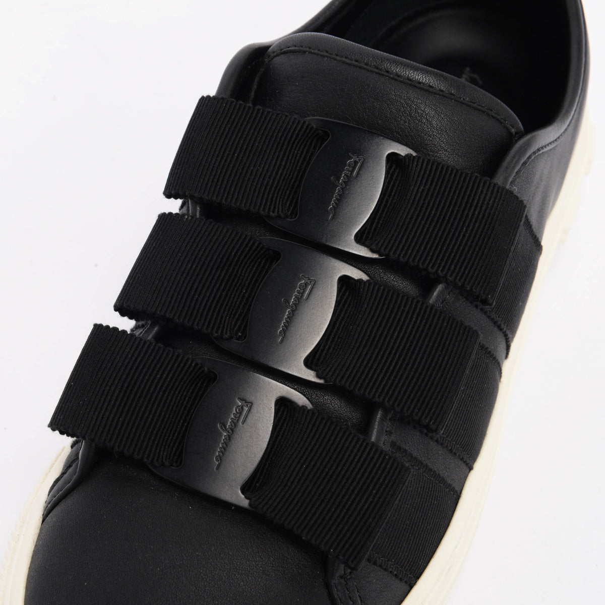 Ferragamo Black Calfskin Nataly Vara Bow Sneakers 6.5