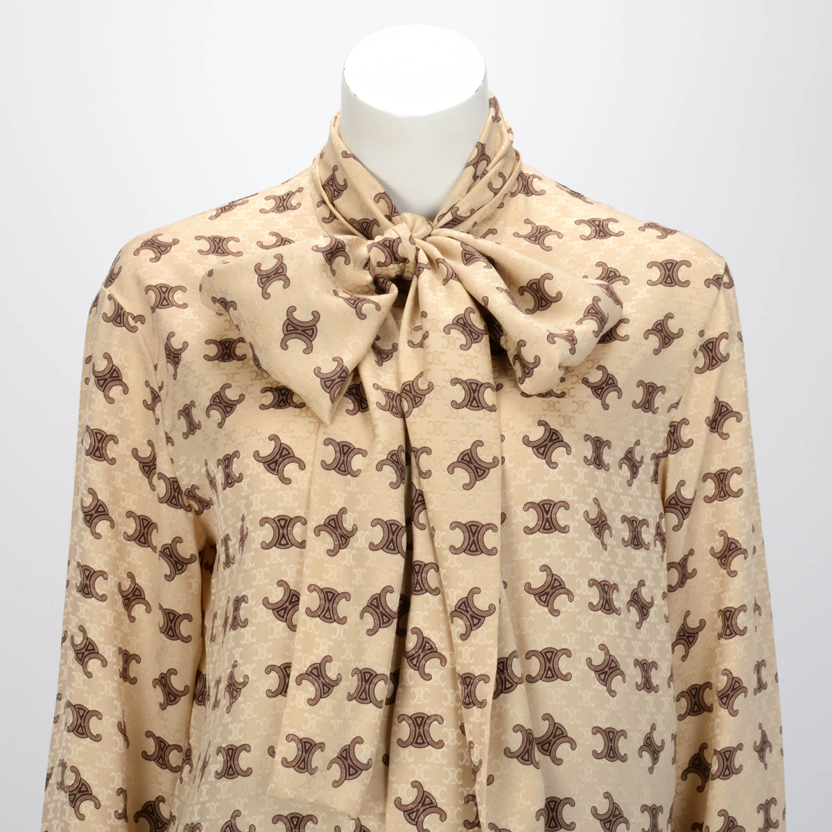 Celine Beige Silk Triomphe Tie-Neck Blouse FR 38
