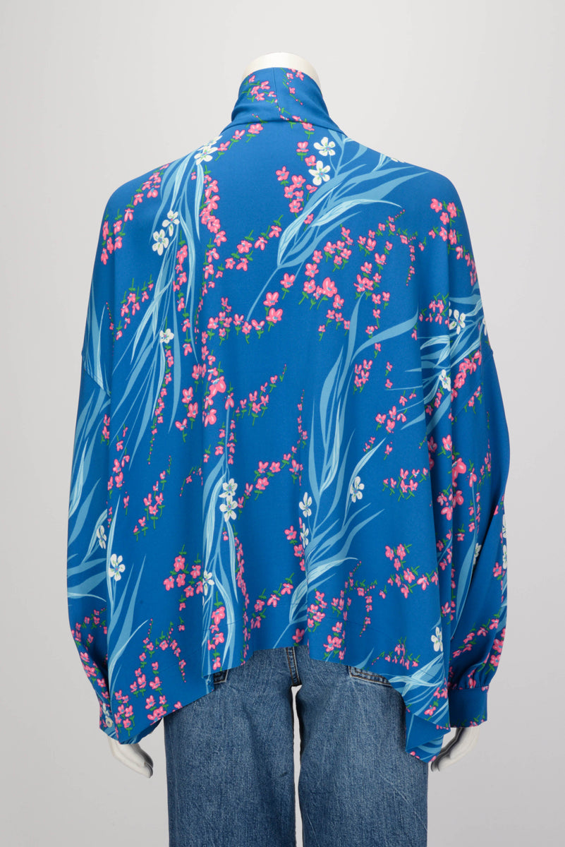 Balenciaga Blue Floral Print Neck Tie Blouse FR 38