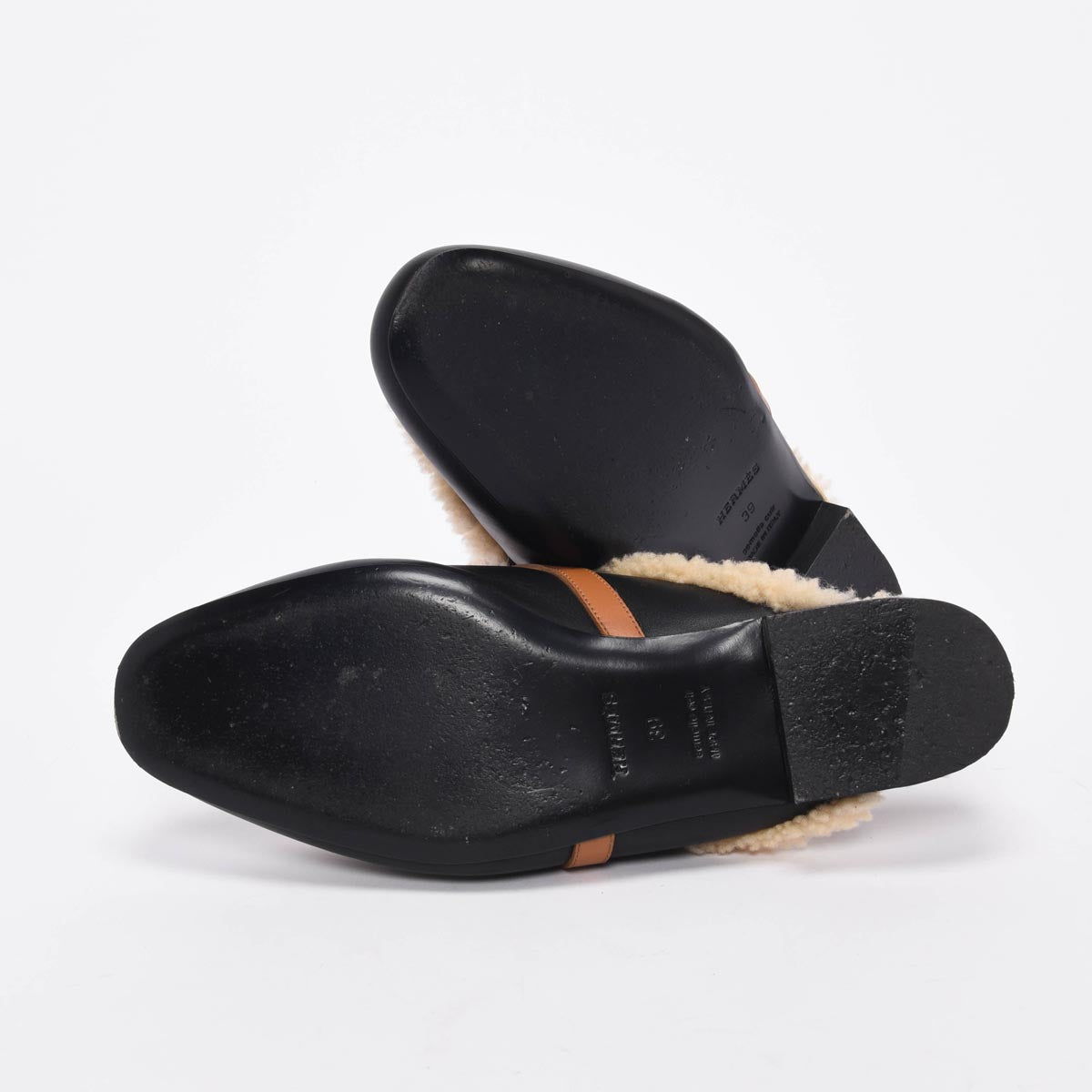 Hermes Black & Natural Goatskin & Shearling Oz Mules 39