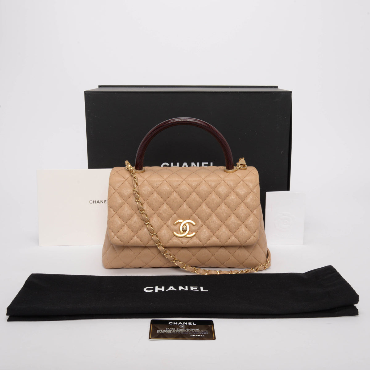 Chanel Beige & Burgundy Caviar & Lizard Medium Coco Handle Bag