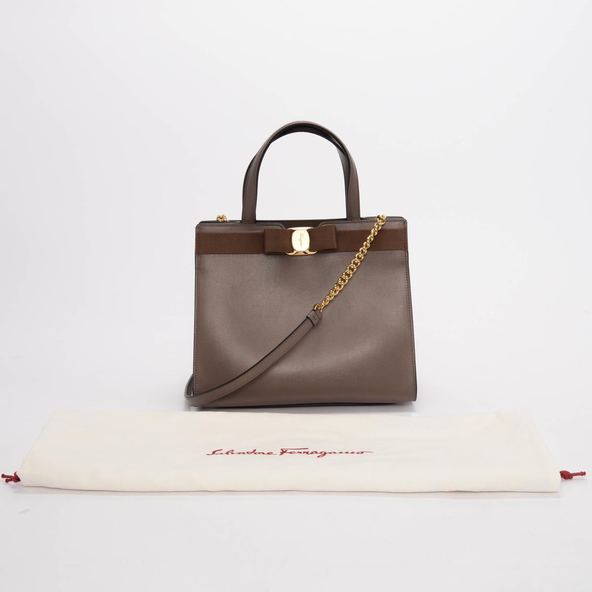 Ferragamo Taupe Calfskin Vara Bow Tote