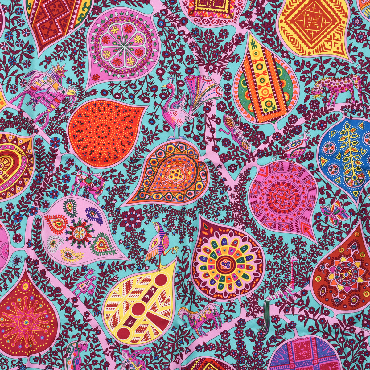 Hermes Teal Silk L'Arbre de Vie Scarf