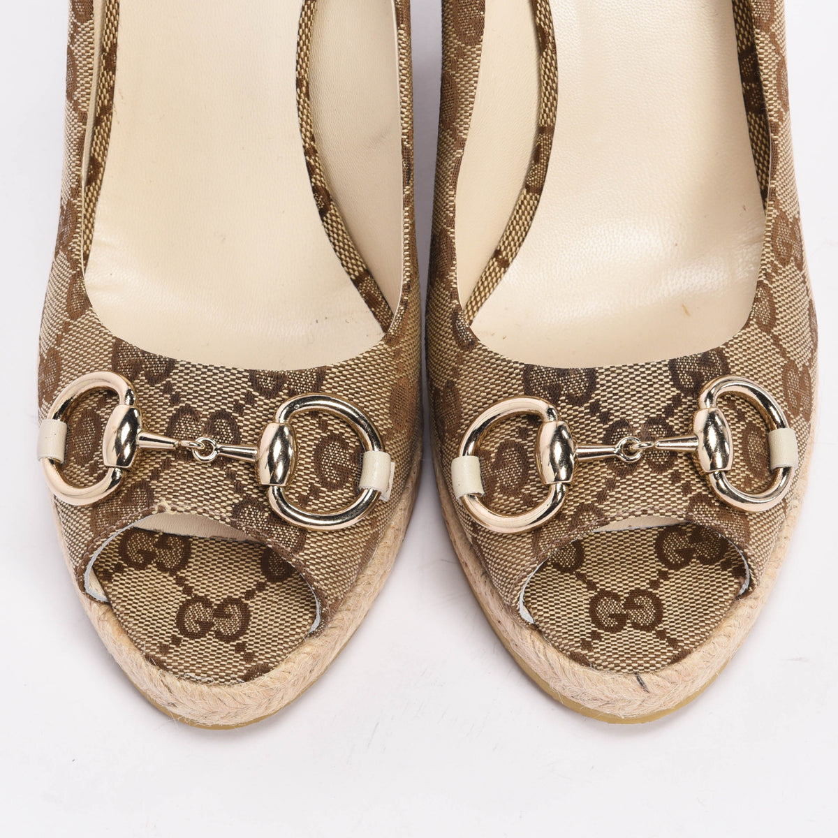 Gucci Beige GG Canvas Horsebit Espadrille Wedges